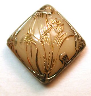 Antique Victorian Glass Button Square Flower W/ Gold & Silver Luster 1/2 " 1890s