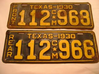 Ant.  Rare Texas 1930 License Plate Pair Front And Back (not Exact Match)