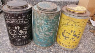 Antique Set Of 3 Golden Rule Spice Tins - - Mustard Allspice & Cinnamon