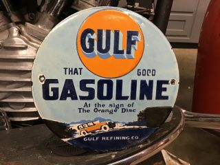 Rare Vintage Porcelain 6” Gulf Gasoline Door Push Sign Ford Harley Chevy