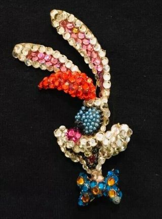 Rare 1987 Disney Wendy Gell Roger Rabbit Head Swarovski Crystal Gold Brooch Pin