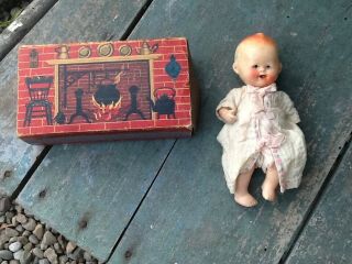 Early Small Bisque German Doll In Old Ohio Blue Tip Match Box