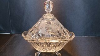 Vintage Cut Glass Triangular Footed Covered Candy Dish With Etched Birds 7 " Tall