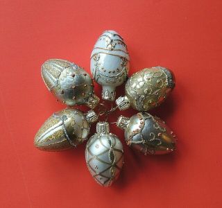 6 Glass Mini Egg Feather Tree Ornaments Gold Silver Faberge Inspired Rare & Htf