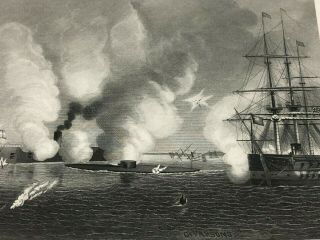 Antique Civil War Engraving 1862 Navy Naval Combat Uss Merrimac Monitor