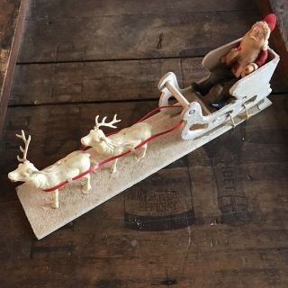 Antique Vtg Clay Face Santa Claus Sleigh Reindeer Putz Bottlebrush Candle Xmas