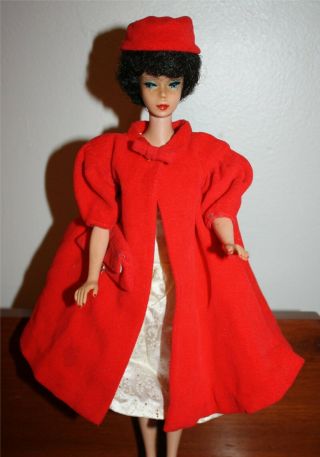 Vintage Barbie Red Velvet Flair Coat W/ Hat And Clutch Purse 939 (1962 - 65)