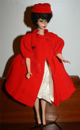 Vintage Barbie Red Velvet Flair Coat w/ Hat and Clutch Purse 939 (1962 - 65) 3
