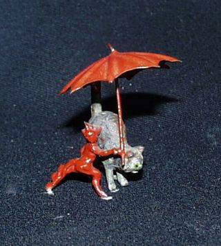 Incredibly Rare Antique German Miniature Demon With Umbrella Holding Scared Cat