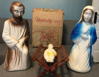 Vintage Blow Mold Nativity Set W/ Box Christmas Yard Decor Empire Rare Set 1372