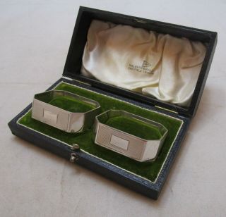 Cocased Pair Antique George Vi Sterling Silver Art Deco Napkin Rings,  1947,  55g