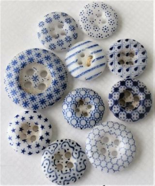 Antique Calico China Buttons - Blue Patterns