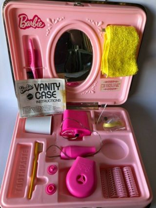 Vintage Barbie Vanity Hard Case 1973 Mattel Pink Curlers Toothbrush Mirror