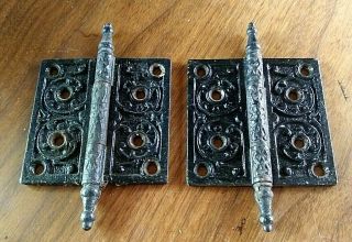 2 Black Antique Eastlake? Ornate Victorian Steeple Tip Cast Iron Hinges 4 " X 4 "