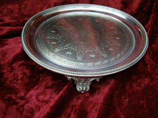 Silver Plated Engraved Calling Card Tray Tea Pot Stand Art Nouveau Ornate Feet