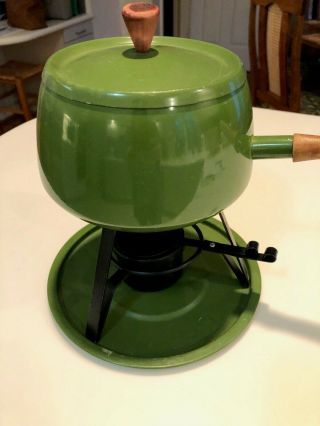 Mcm Retro Vintage Aluminum Avocado Green Fondue Pot Set W/ Wood Base And 8 Forks