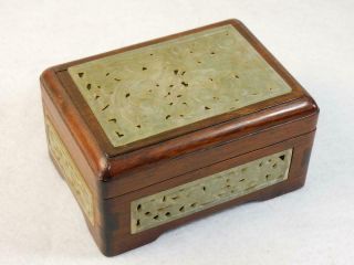 2 Chinese Jade Jadeite Carved Pierced Table Boxes Wood / Leather Jewelry Nores