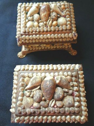 2 Antique Vtg Shell Art Trinket Boxes Seashell Sailors Valentine