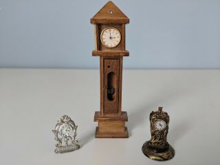 Vintage Dollhouse Miniatures Grandfather Clock And Two Mantel Clocks 1:12