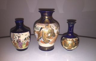 3 Stunning Antique Japanese Satsuma Porcelain Vases