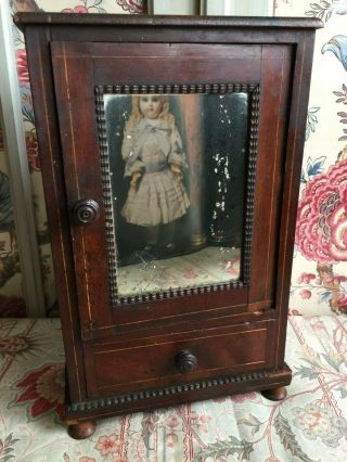 Antique French Miniature Wood Doll Wardrobe Closet Armoire Furniture Mirrored
