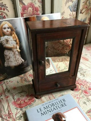 ANTIQUE FRENCH MINIATURE WOOD DOLL WARDROBE CLOSET ARMOIRE FURNITURE MIRRORED 2