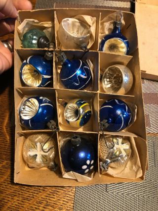 12 Antique Blow Glass Indent Cobalt Blue Silver Christmas Ornaments Poland