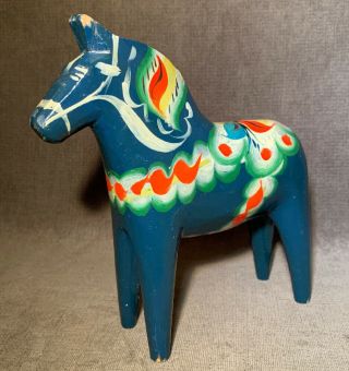 Rare Blue Akta Dalahemslojd Nils Olsson Hand Painted Wood Dala Horse 6 " Sweden