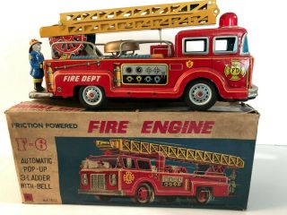 Japan Rare Vintage Fire Engine Automatic Pop - Up 3ladder With Bell Friction Boxed