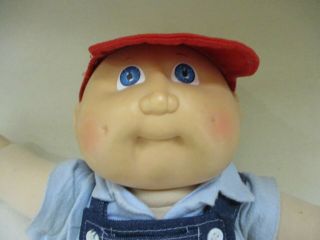 1983 Cabbage Patch Kids Boy Doll Overalls Red Shirt & Cap Shoes Bald 2
