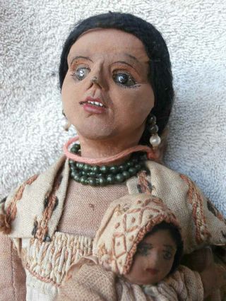 Rare Antique Native American Indian Doll Mother & Baby Glass Eyes Molded Cloth