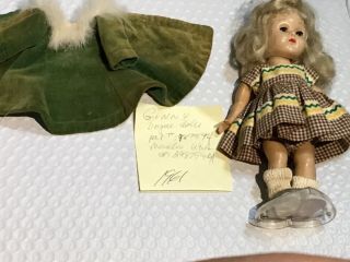 Vintage 1955/6 Vogue (mlw) 8” Ginny Doll W Tagged Green Dress & Fur Trimmed.  Coat