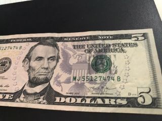 5 Dollar Bill Trinary Serial Number Rare Collectible Repeater 55 12 74 74