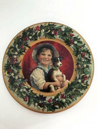 Antique C.  D.  Kenny Co.  Tin Litho Christmas Plate - Boy & Dog