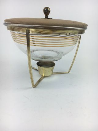 Pyrex Promotion Rare Musical Staff 1.  5 Qt Round Mixing Glass Gold Wood Lid