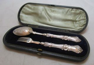 Cased Antique Victorian Sterling Silver Christening Set,  1882,  40 Grams