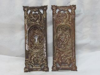 Antique Cast Iron Large Ornate Victorian Pocket Door Pull Door Backplates