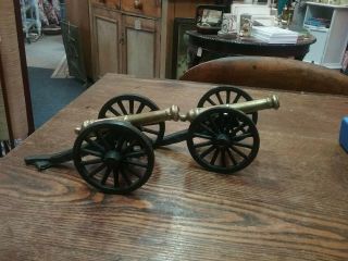 Pair O Heavy Antique Cast Iron & Brass Cannon Military Army Gun Display Ornament