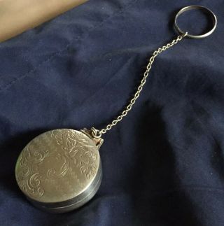 Antique Sterling Silver Finger Ring Chain Compact Pill Box Chatelaine Engraved