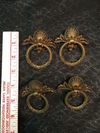 4 Vintage Ornate Brass Ring Pull Drawer Cabinet Door Handles Knobs