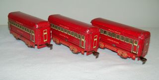 Rare Set Of Three Matching Marx 1940s 6 " Passenger Train Cars - Red,  Illuminated