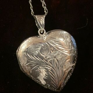 Antique Victorian Sterling Silver Long & Large Chased Heart Locket Pendant