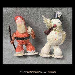 2 Antique Japan Christmas Ornaments Santa With Sack And Snowman With Pipe