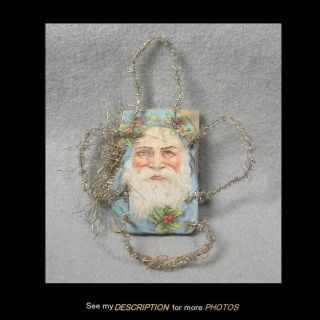 Antique German Christmas Ornament Paper Face Santa With Tinsel Loops