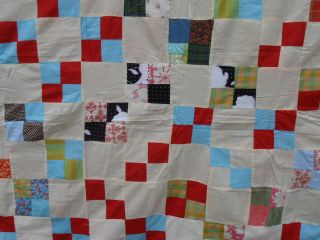 Vtg Cotton Fabric Quilt Top To Complete 4 Block Patch Square Muslin 68” By 100”