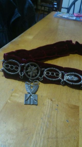 Rare Antique Odd Fellows Maroon Velvet Sash Regalia W Silver Badges Symbols 40 "