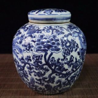 Old China Blue And White Porcelain Hand Painted Phoenix Cover Jar Tank