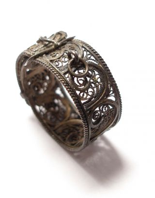 unusual antique Victorian silver filigree buckle ring 2