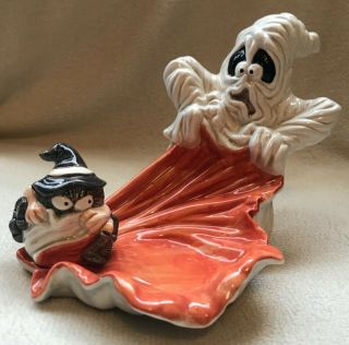 Vintage Fitz & Floyd Halloween Rare Ghost & Witch Spider Candle Holder Dish
