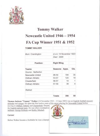 Tommy Walker Newcastle United 1946 - 1954 Rare Hand Signed Cutting/card